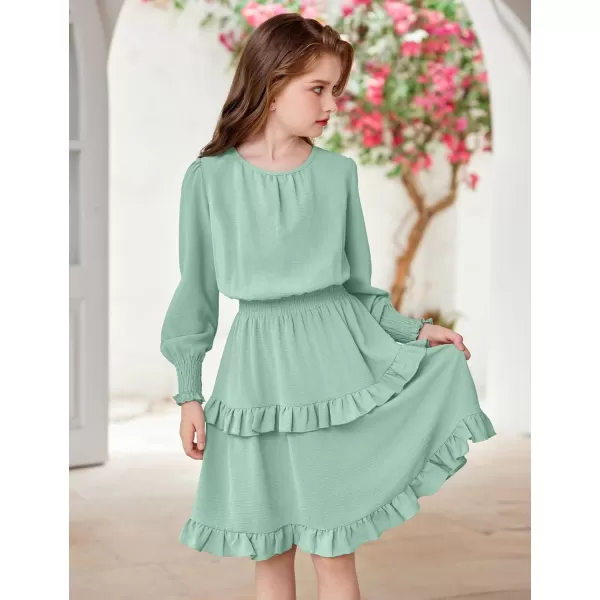 Arshiner Girls Long Sleeve Dress Boho Tiered Ruffle Hem Elegant Smocked Waist Midi Dress