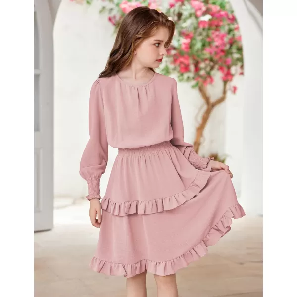 Arshiner Girls Long Sleeve Dress Boho Tiered Ruffle Hem Elegant Smocked Waist Midi Dress