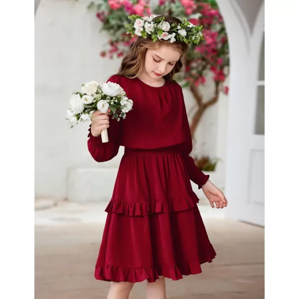 Arshiner Girls Long Sleeve Dress Boho Tiered Ruffle Hem Elegant Smocked Waist Midi Dress