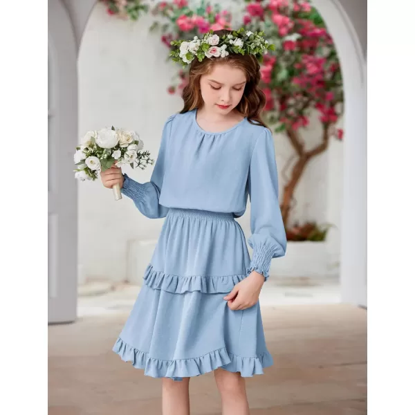 Arshiner Girls Long Sleeve Dress Boho Tiered Ruffle Hem Elegant Smocked Waist Midi Dress