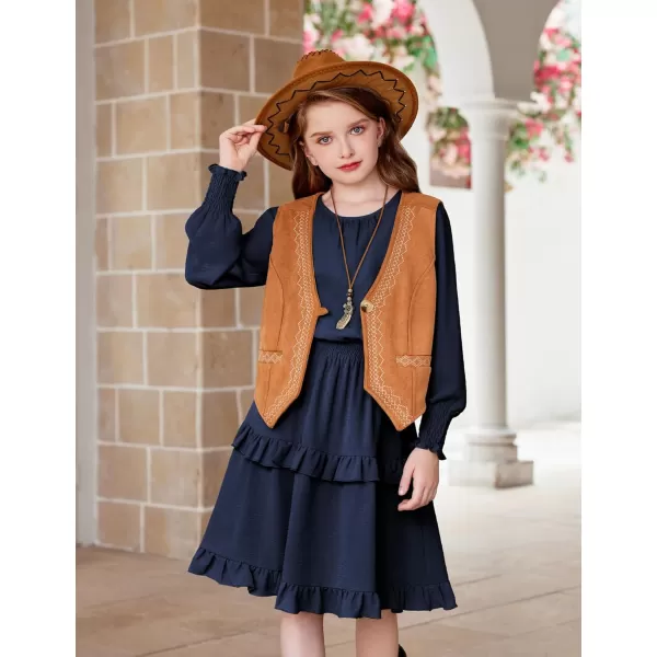 Arshiner Girls Long Sleeve Dress Boho Tiered Ruffle Hem Elegant Smocked Waist Midi Dress