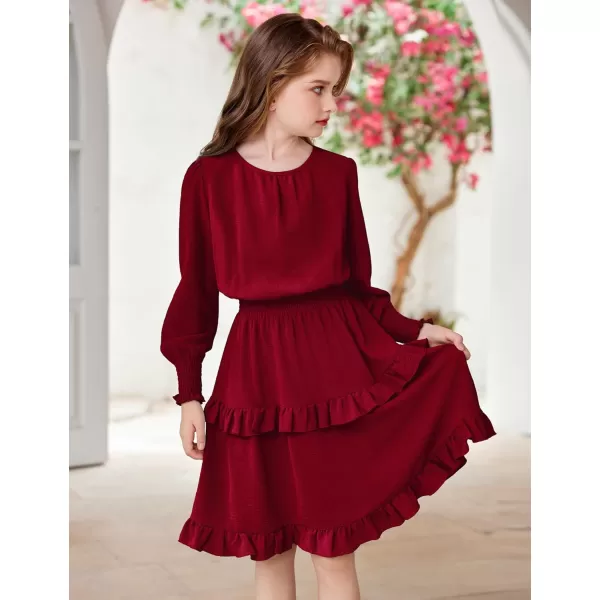 Arshiner Girls Long Sleeve Dress Boho Tiered Ruffle Hem Elegant Smocked Waist Midi Dress