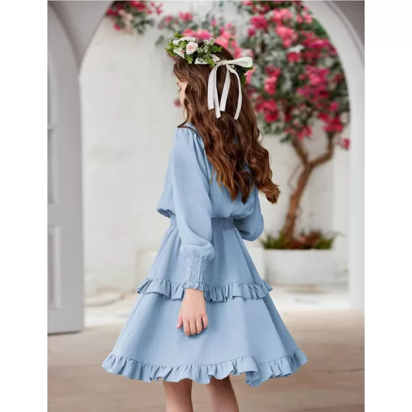 Arshiner Girls Long Sleeve Dress Boho Tiered Ruffle Hem Elegant Smocked Waist Midi Dress