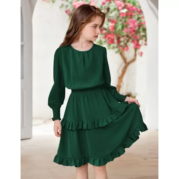 Arshiner Girls Long Sleeve Dress Boho Tiered Ruffle Hem Elegant Smocked Waist Midi Dress