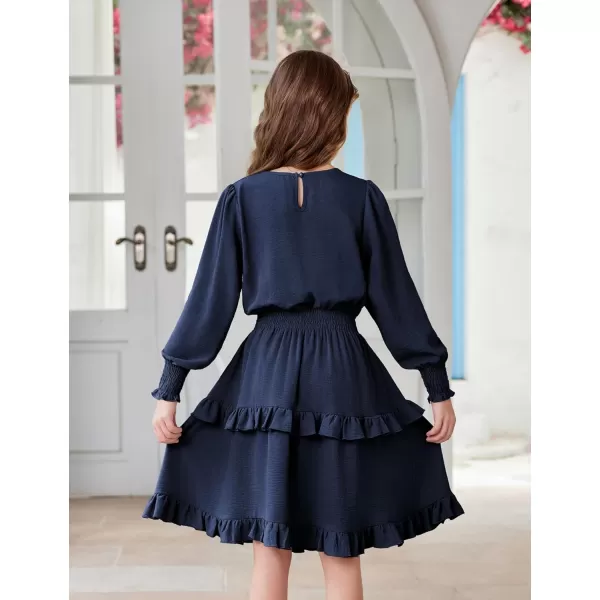 Arshiner Girls Long Sleeve Dress Boho Tiered Ruffle Hem Elegant Smocked Waist Midi Dress