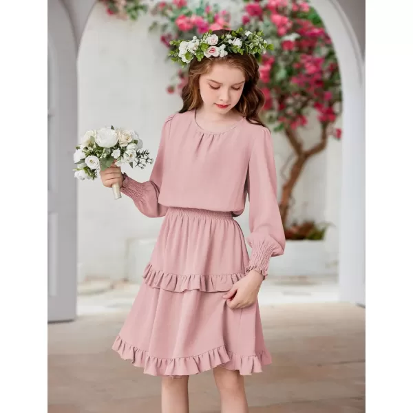 Arshiner Girls Long Sleeve Dress Boho Tiered Ruffle Hem Elegant Smocked Waist Midi Dress