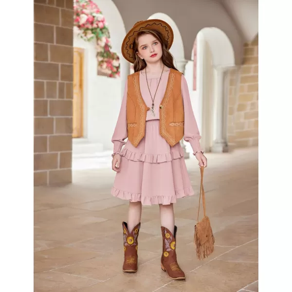 Arshiner Girls Long Sleeve Dress Boho Tiered Ruffle Hem Elegant Smocked Waist Midi Dress