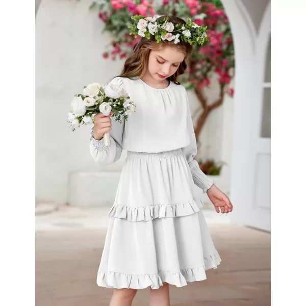 Arshiner Girls Long Sleeve Dress Boho Tiered Ruffle Hem Elegant Smocked Waist Midi Dress