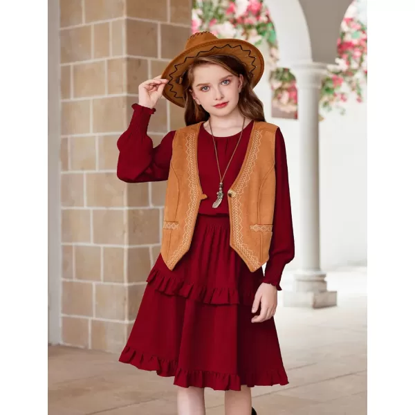Arshiner Girls Long Sleeve Dress Boho Tiered Ruffle Hem Elegant Smocked Waist Midi Dress
