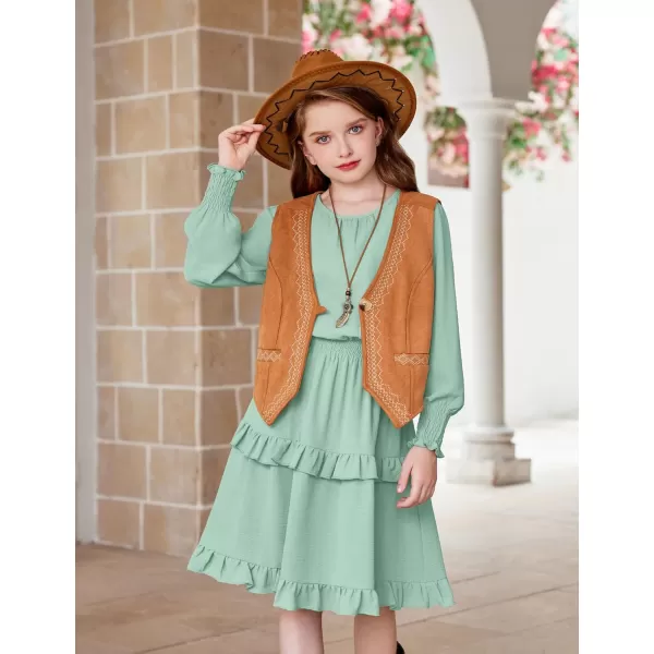 Arshiner Girls Long Sleeve Dress Boho Tiered Ruffle Hem Elegant Smocked Waist Midi Dress