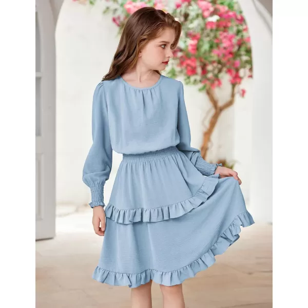 Arshiner Girls Long Sleeve Dress Boho Tiered Ruffle Hem Elegant Smocked Waist Midi Dress