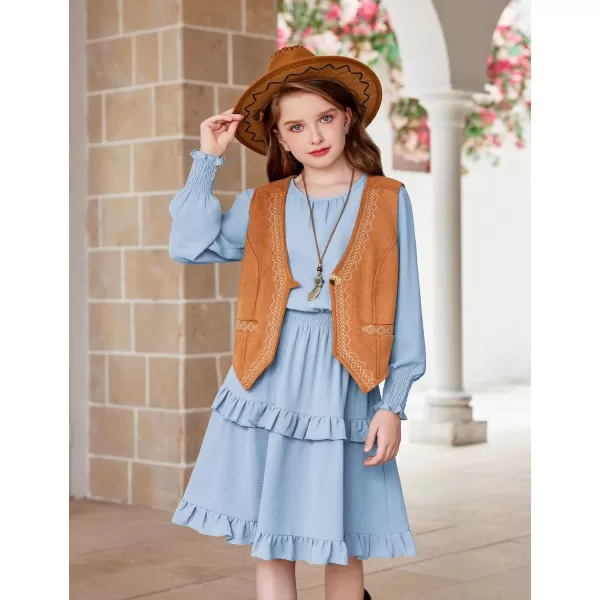 Arshiner Girls Long Sleeve Dress Boho Tiered Ruffle Hem Elegant Smocked Waist Midi Dress
