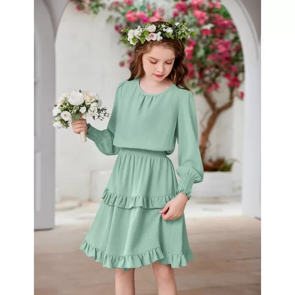 Arshiner Girls Long Sleeve Dress Boho Tiered Ruffle Hem Elegant Smocked Waist Midi Dress