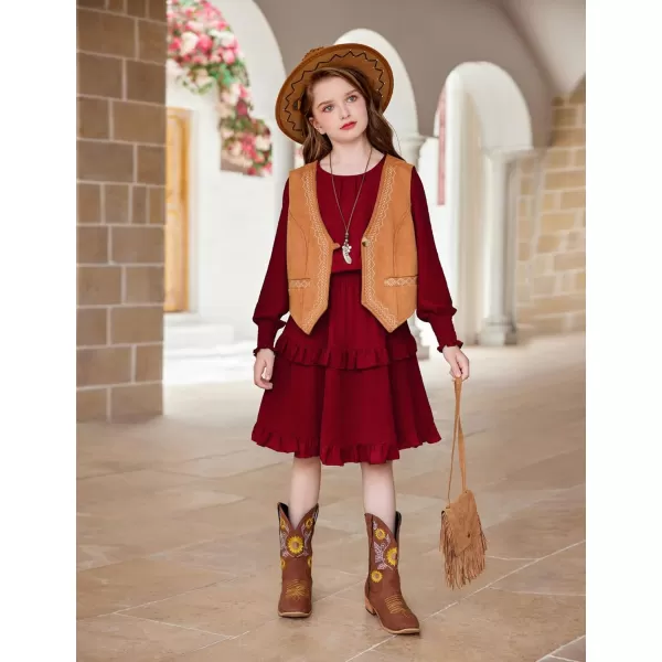 Arshiner Girls Long Sleeve Dress Boho Tiered Ruffle Hem Elegant Smocked Waist Midi Dress