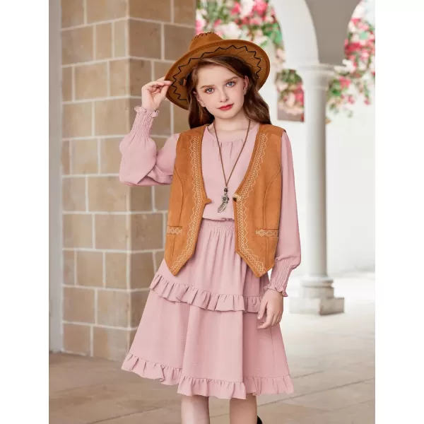 Arshiner Girls Long Sleeve Dress Boho Tiered Ruffle Hem Elegant Smocked Waist Midi Dress