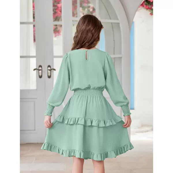 Arshiner Girls Long Sleeve Dress Boho Tiered Ruffle Hem Elegant Smocked Waist Midi Dress