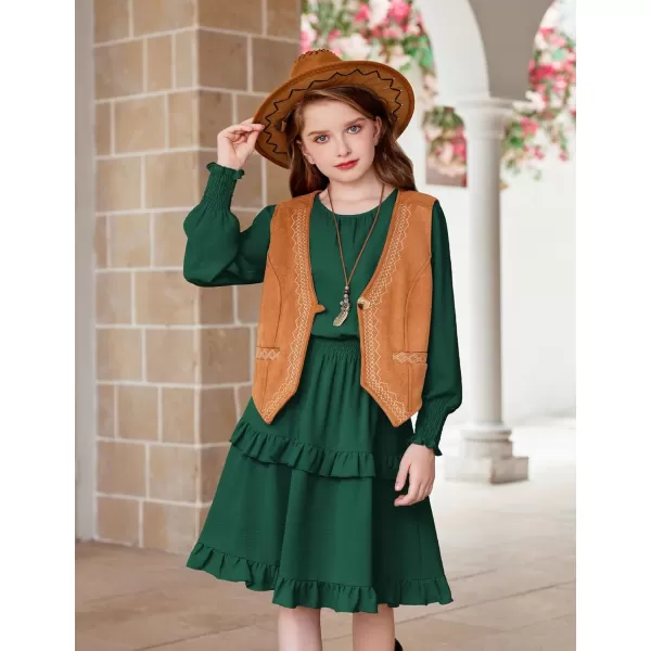 Arshiner Girls Long Sleeve Dress Boho Tiered Ruffle Hem Elegant Smocked Waist Midi Dress