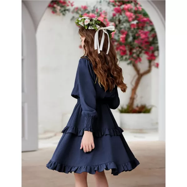 Arshiner Girls Long Sleeve Dress Boho Tiered Ruffle Hem Elegant Smocked Waist Midi Dress