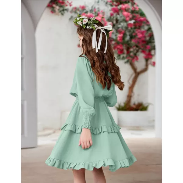Arshiner Girls Long Sleeve Dress Boho Tiered Ruffle Hem Elegant Smocked Waist Midi Dress