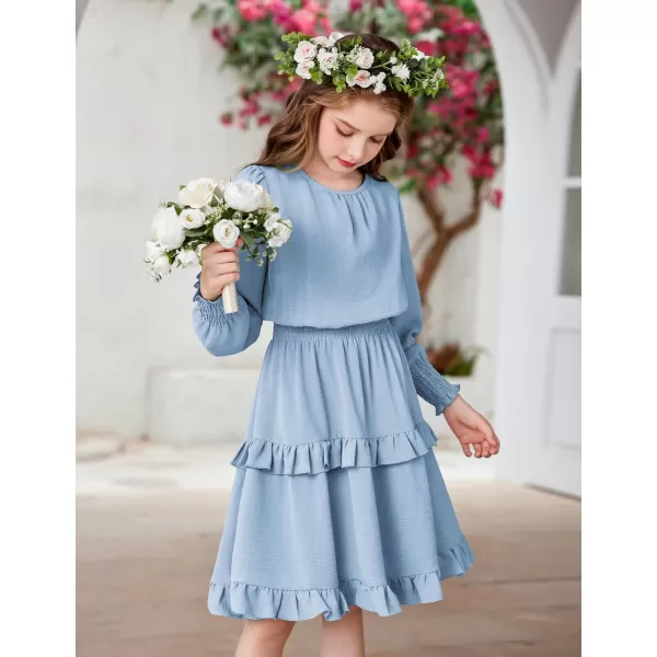 Arshiner Girls Long Sleeve Dress Boho Tiered Ruffle Hem Elegant Smocked Waist Midi Dress