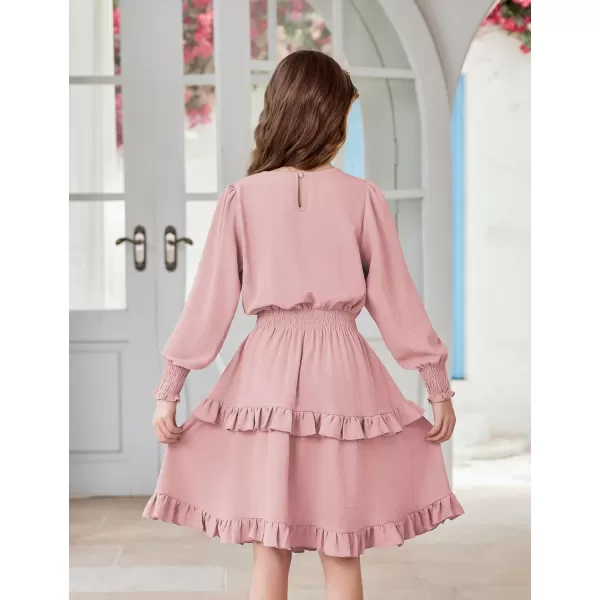 Arshiner Girls Long Sleeve Dress Boho Tiered Ruffle Hem Elegant Smocked Waist Midi Dress