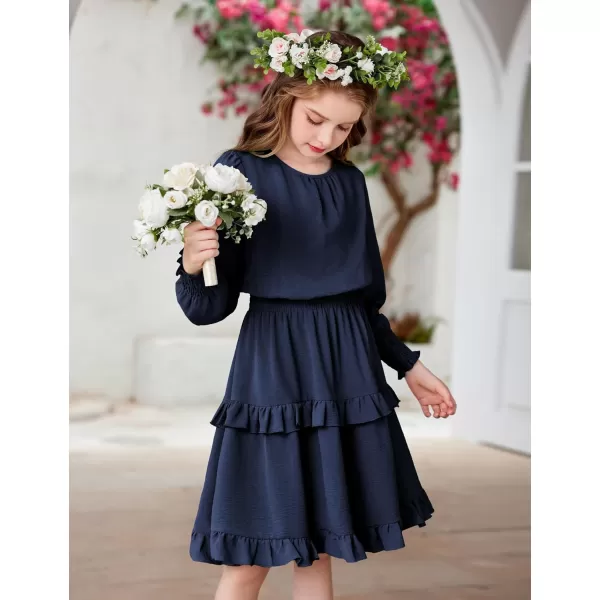 Arshiner Girls Long Sleeve Dress Boho Tiered Ruffle Hem Elegant Smocked Waist Midi Dress
