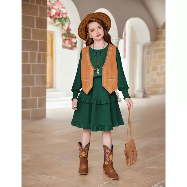 Arshiner Girls Long Sleeve Dress Boho Tiered Ruffle Hem Elegant Smocked Waist Midi Dress