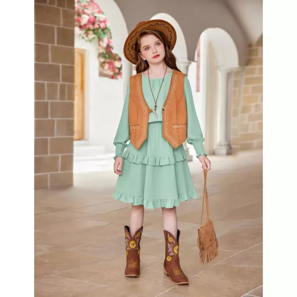 Arshiner Girls Long Sleeve Dress Boho Tiered Ruffle Hem Elegant Smocked Waist Midi Dress