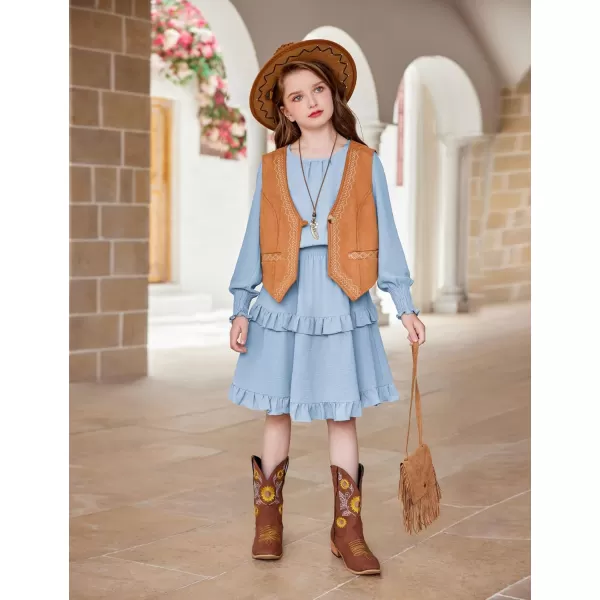 Arshiner Girls Long Sleeve Dress Boho Tiered Ruffle Hem Elegant Smocked Waist Midi Dress