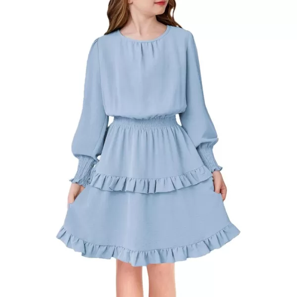 Arshiner Girls Long Sleeve Dress Boho Tiered Ruffle Hem Elegant Smocked Waist Midi Dress