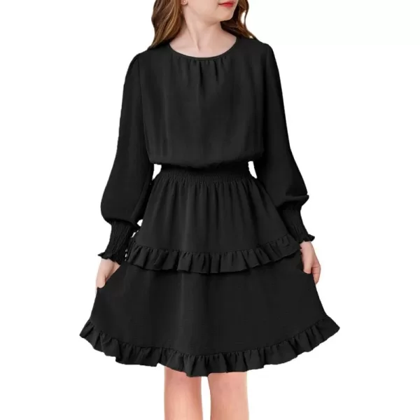 Arshiner Girls Long Sleeve Dress Boho Tiered Ruffle Hem Elegant Smocked Waist Midi Dress