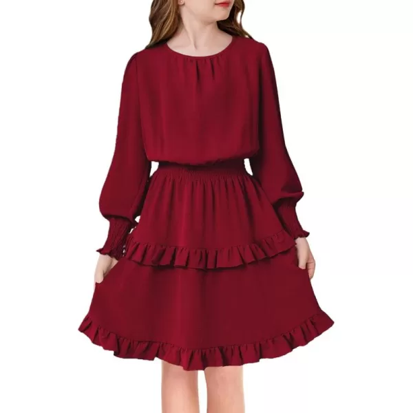 Arshiner Girls Long Sleeve Dress Boho Tiered Ruffle Hem Elegant Smocked Waist Midi Dress