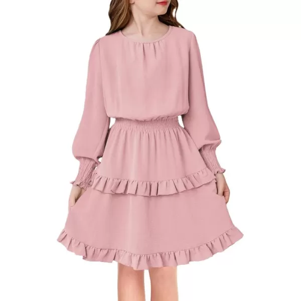 Arshiner Girls Long Sleeve Dress Boho Tiered Ruffle Hem Elegant Smocked Waist Midi Dress