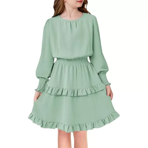 Arshiner Girls Long Sleeve Dress Boho Tiered Ruffle Hem Elegant Smocked Waist Midi Dress