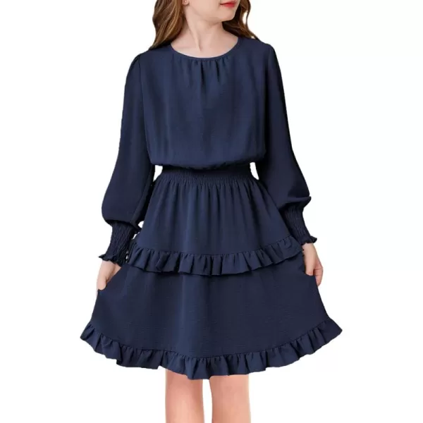 Arshiner Girls Long Sleeve Dress Boho Tiered Ruffle Hem Elegant Smocked Waist Midi Dress