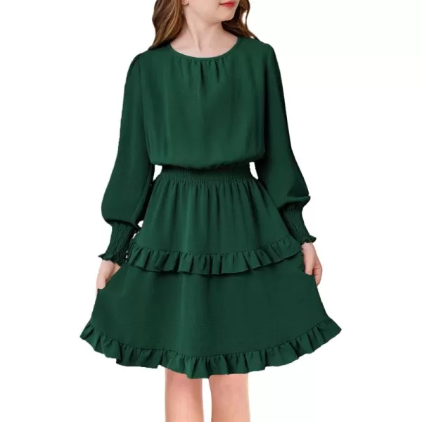 Arshiner Girls Long Sleeve Dress Boho Tiered Ruffle Hem Elegant Smocked Waist Midi Dress