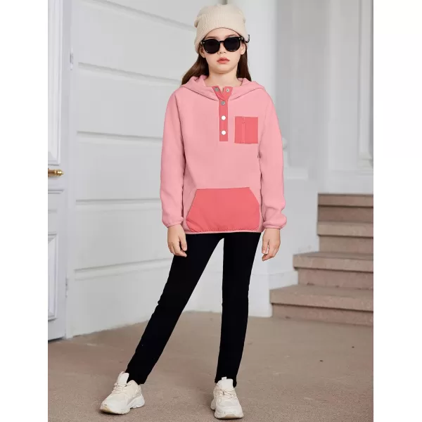 Arshiner Girls Fleece Pullover Hooded Sweatshirt Colorblock Sherpa Hoodie for Teen Girl Winter Button Jacket Coat with Pocket