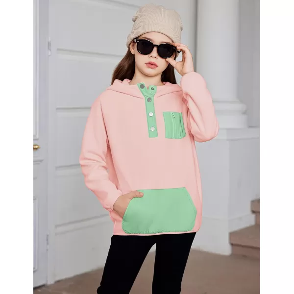 Arshiner Girls Fleece Pullover Hooded Sweatshirt Colorblock Sherpa Hoodie for Teen Girl Winter Button Jacket Coat with Pocket