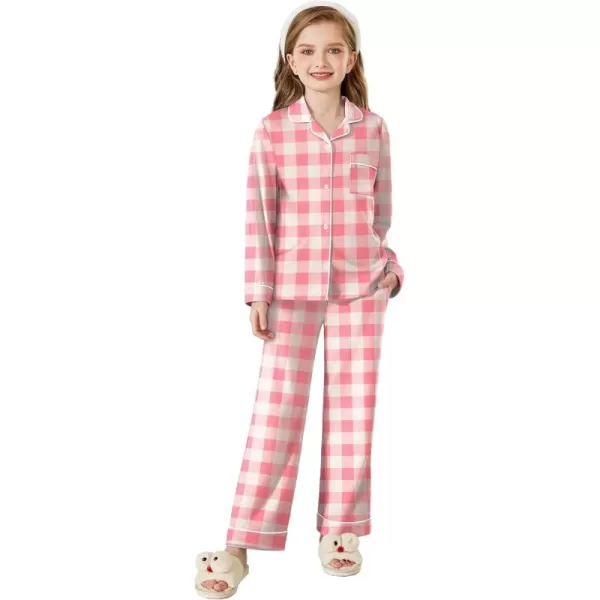 Arshiner Pajamas Set for Girls Plaid Long Sleeve Lounge Set Button Down Pj Sets