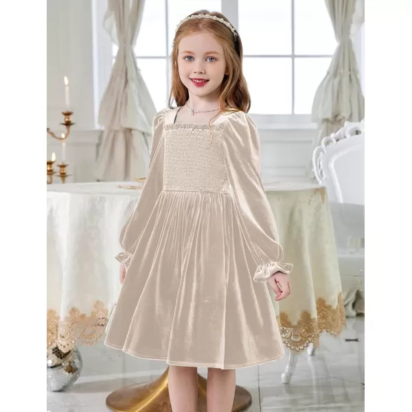 Arshiner Toddler Velvet Dress Girls Smocked Square Neck Puff Long Sleeve Party Dresses with Pockets 3-8Y