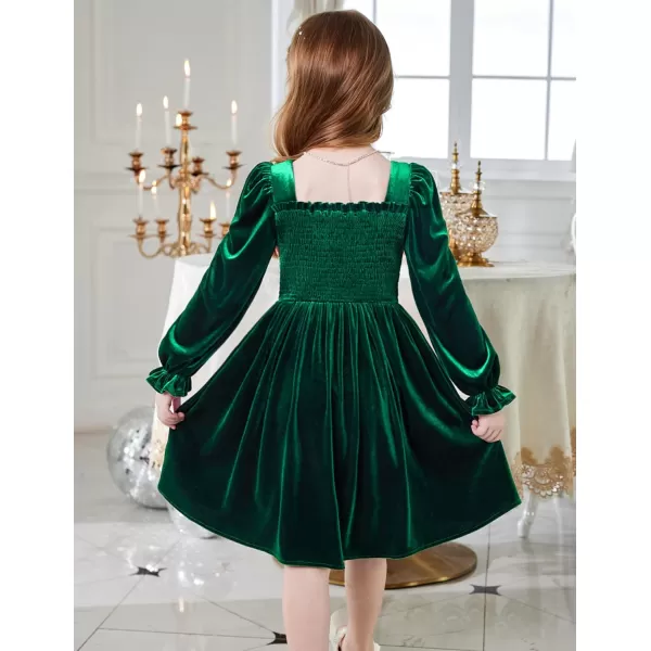Arshiner Toddler Velvet Dress Girls Smocked Square Neck Puff Long Sleeve Party Dresses with Pockets 3-8Y