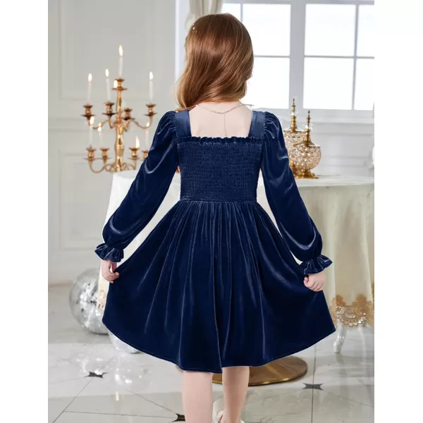 Arshiner Toddler Velvet Dress Girls Smocked Square Neck Puff Long Sleeve Party Dresses with Pockets 3-8Y