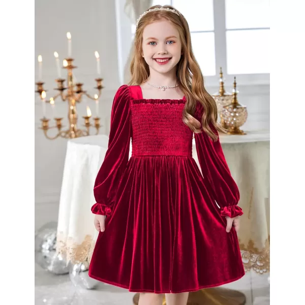 Arshiner Toddler Velvet Dress Girls Smocked Square Neck Puff Long Sleeve Party Dresses with Pockets 3-8Y