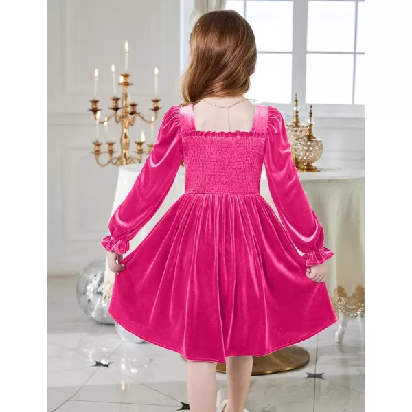 Arshiner Toddler Velvet Dress Girls Smocked Square Neck Puff Long Sleeve Party Dresses with Pockets 3-8Y