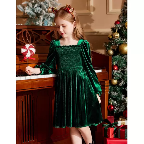 Arshiner Toddler Velvet Dress Girls Smocked Square Neck Puff Long Sleeve Party Dresses with Pockets 3-8Y