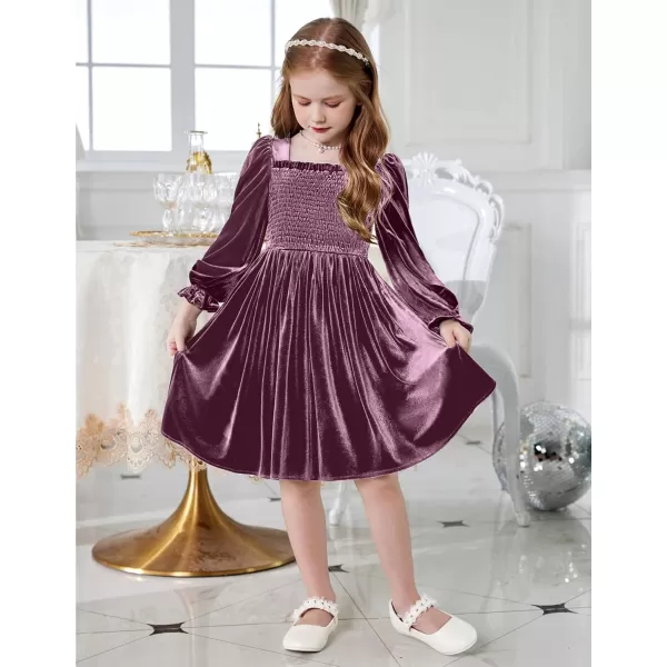 Arshiner Toddler Velvet Dress Girls Smocked Square Neck Puff Long Sleeve Party Dresses with Pockets 3-8Y