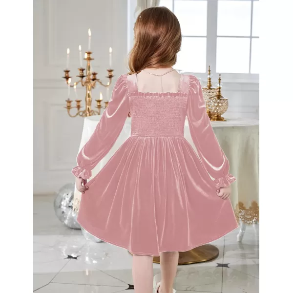 Arshiner Toddler Velvet Dress Girls Smocked Square Neck Puff Long Sleeve Party Dresses with Pockets 3-8Y
