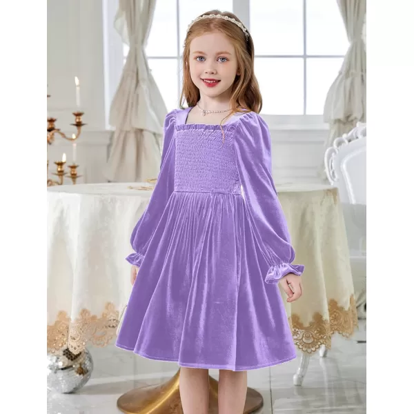 Arshiner Toddler Velvet Dress Girls Smocked Square Neck Puff Long Sleeve Party Dresses with Pockets 3-8Y