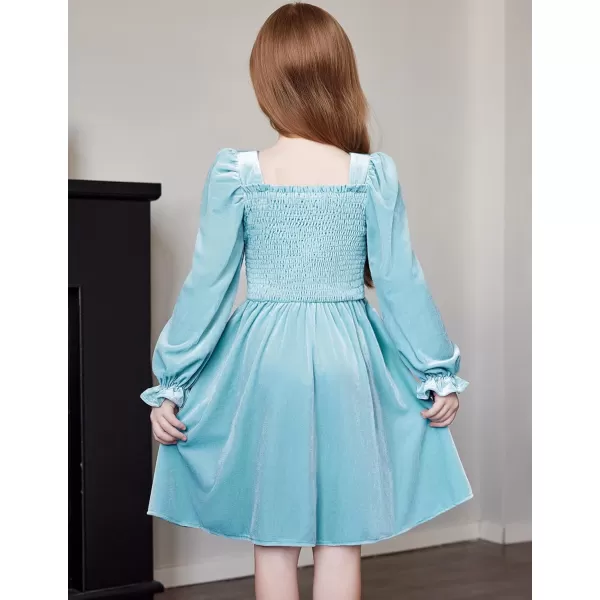 Arshiner Toddler Velvet Dress Girls Smocked Square Neck Puff Long Sleeve Party Dresses with Pockets 3-8Y