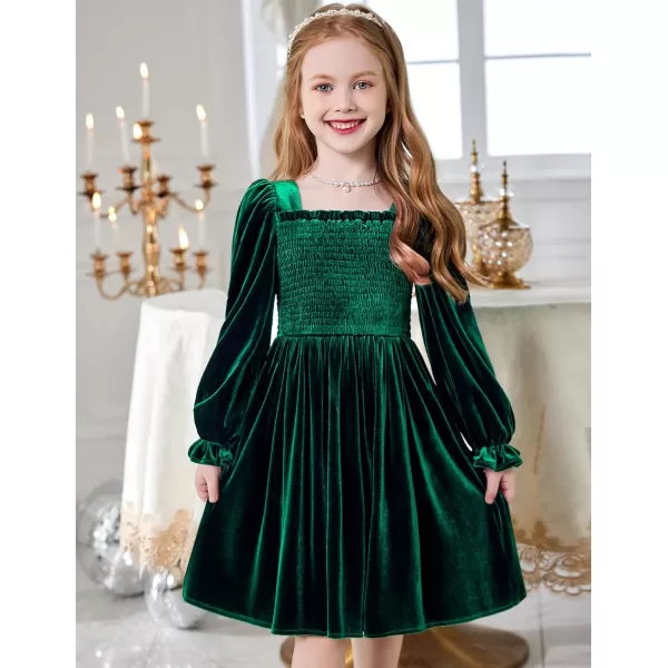 Arshiner Toddler Velvet Dress Girls Smocked Square Neck Puff Long Sleeve Party Dresses with Pockets 3-8Y